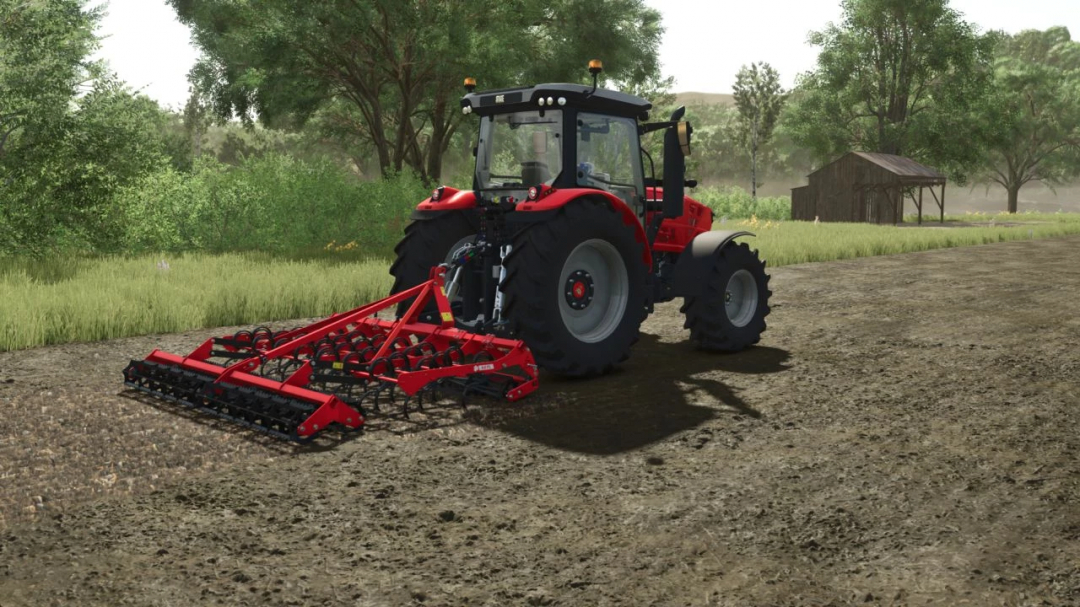 Red tractor using Akpil Rylec mod in FS25 on a dirt road