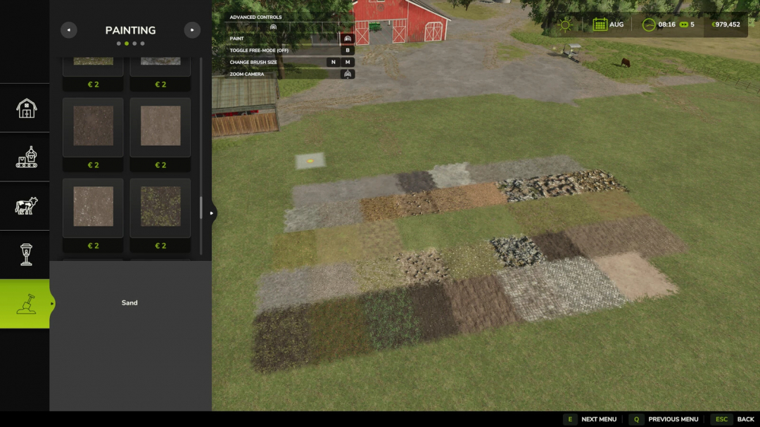 FS25 mod showcasing various ground textures in Farming Simulator 25 interface with barn and controls visible.