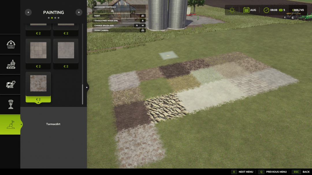 FS25 mod All The Ground Textures Ingame v1.0.0.0 shows various terrain textures on a farm in Farming Simulator 25.