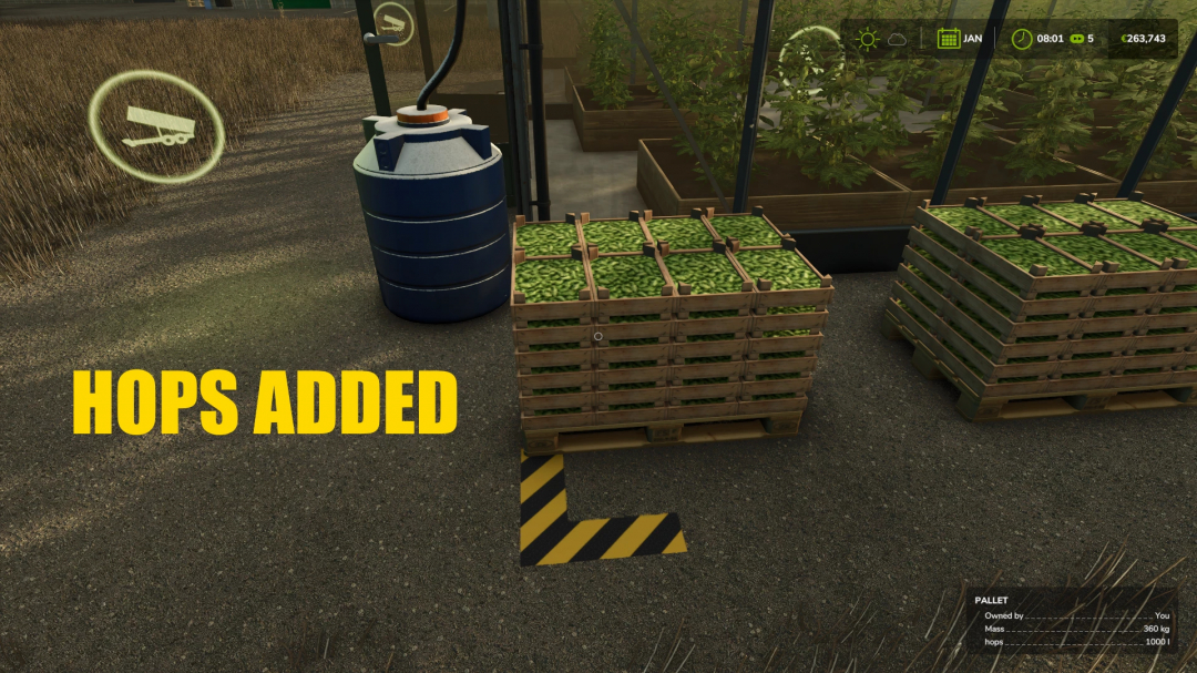 Farming Simulator 25 mod: BEER PRODUCTION with added hops, showing pallets of hops next to a fermenter in a greenhouse.