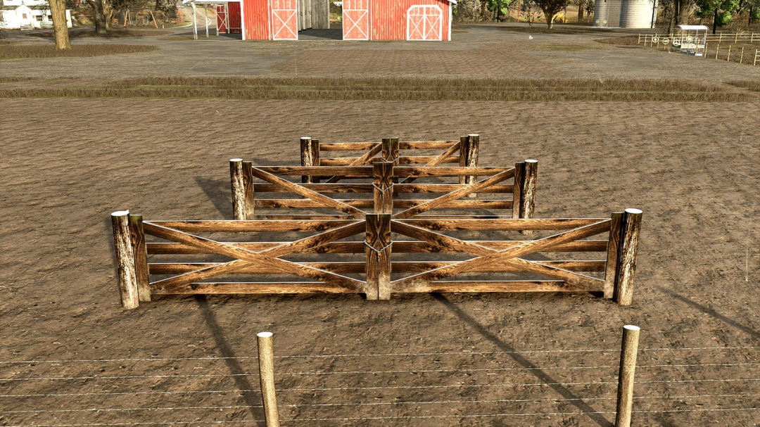 FS25 mod featuring a barbed wire fence and wooden gate, enhancing farm realism in Farming Simulator 25.