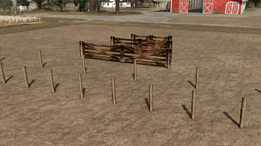 Barbed Wire Fence and Wooden Gate mod for FS25, featuring rustic wooden fencing on a farm landscape.