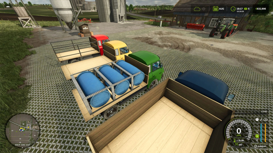 FS25 Barkas Multiservice v2.0.0.0 mod featuring colorful service trucks at a farm.