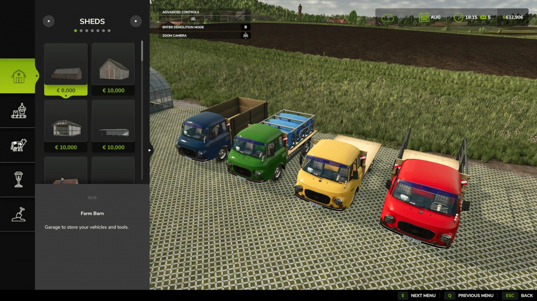 FS25 mods: Four colorful Barkas Multiservice vehicles in Farming Simulator 25 next to a menu screen.