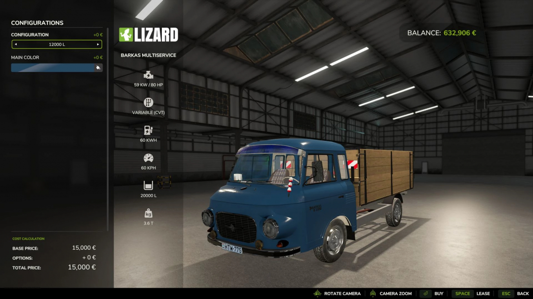 FS25 mod Barkas Multiservice v3.0.0.0 features a blue utility truck in a virtual garage, highlighting customization options and specs.