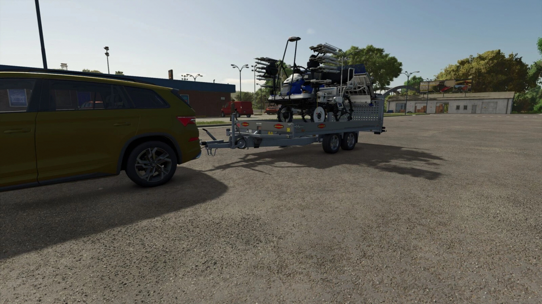 Boeckmann Trailer Pack in FS25 mod, featuring a utility trailer hitched to a vehicle in Farming Simulator 25.