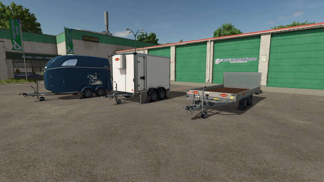 FS25 Boeckmann Trailer Pack v1.0.0.0 featuring three diverse trailers outside a tractor center.