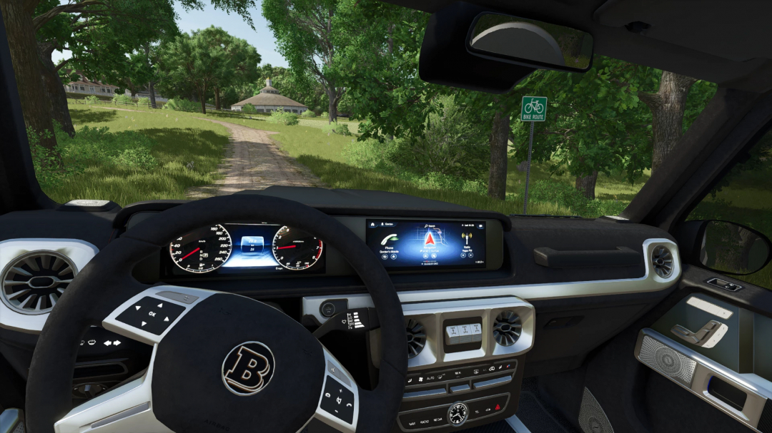 Interior view of Brabus G800 mod in FS25, showcasing dashboard and scenic countryside road.