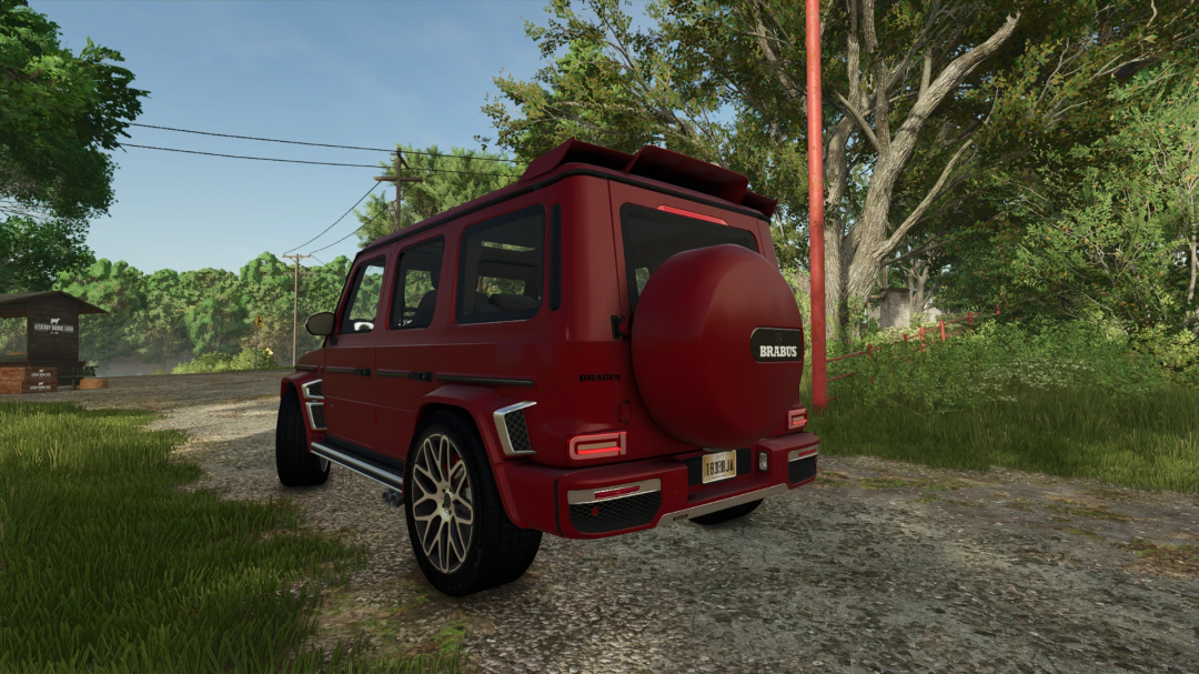 Brabus G800 mod for FS25, showcasing a red SUV in a rural Farm Simulator 25 landscape.