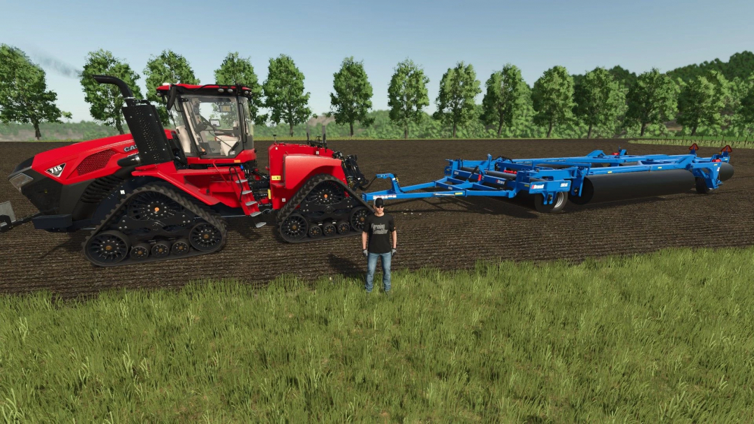 FS25 mod image with a red Case tractor and a blue Brandt 591A roller on a farm field.