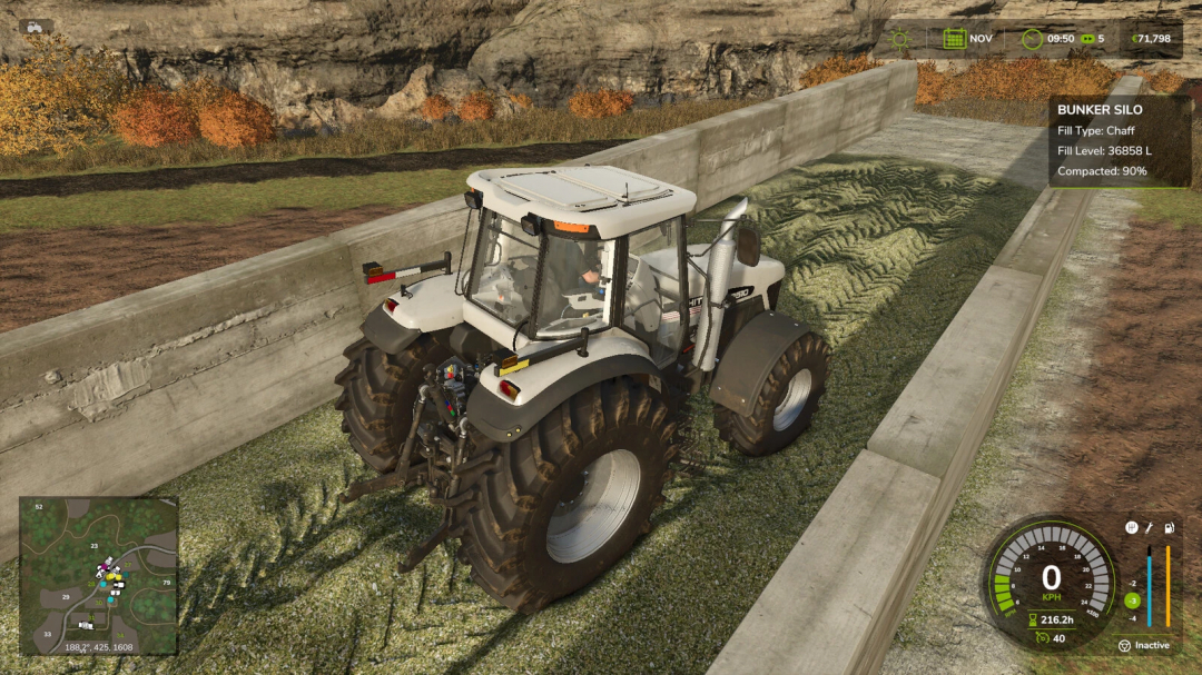 Tractor compacting chaff in Bunker Silo using Bunker Silo HUD mod in Farming Simulator 25.