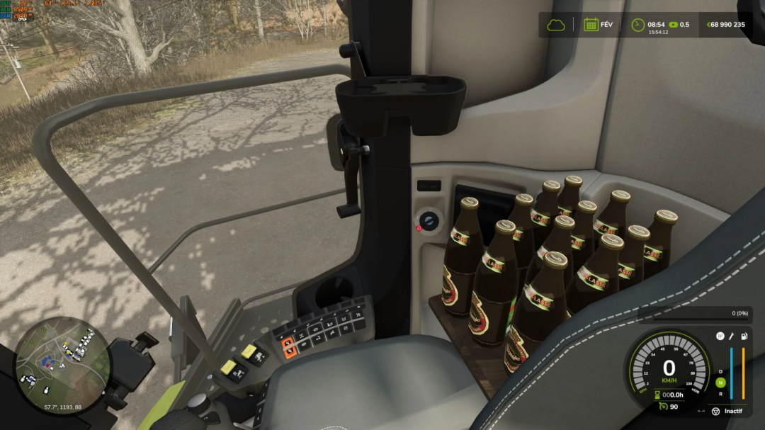 FS25 mod CLAAS Lexion 8900 Edit v1.0.0.0 showcases harvester cabin interior with control panel and beverage bottles.