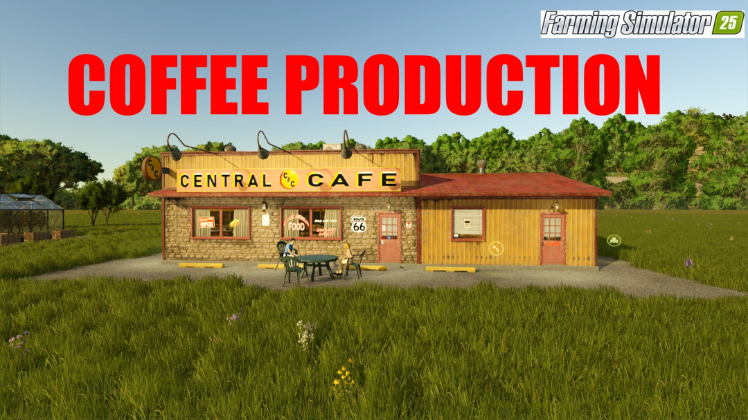 FS25 mod Coffee Production showcases a rustic Central Cafe in a grassy field for Farming Simulator 25.