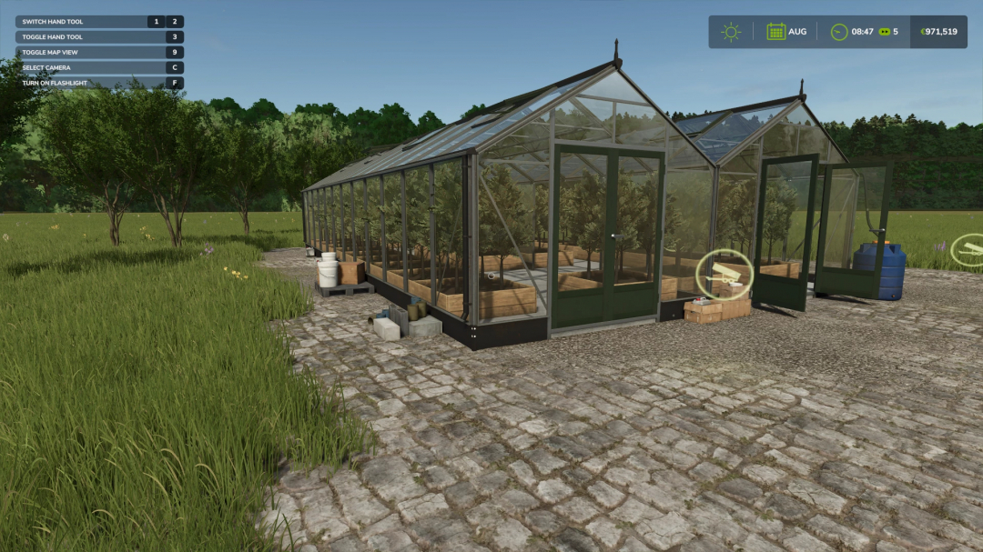 FS25 Coffee Production mod showing a greenhouse with coffee plants in Farming Simulator 25.