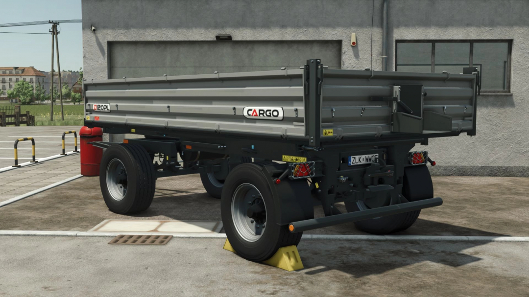 Cargo D120 PL v1.0.0.0 mod for FS25 showing a gray cargo trailer parked in a lot.