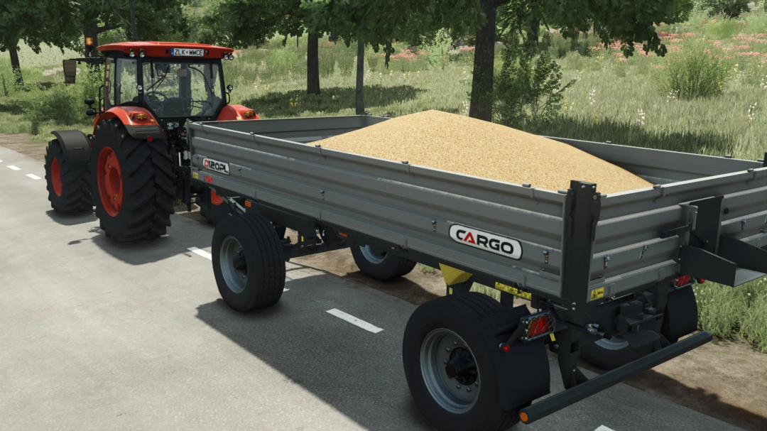 FS25 mod Cargo D120 PL v1.0.0.0 image showing a tractor pulling a trailer loaded with grain on a rural road.