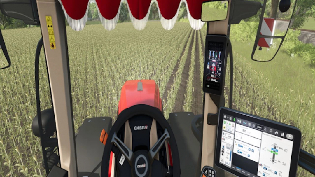 Interior view of Case IH Puma tractor in FS25 mod, showcasing control panels and a field ahead.