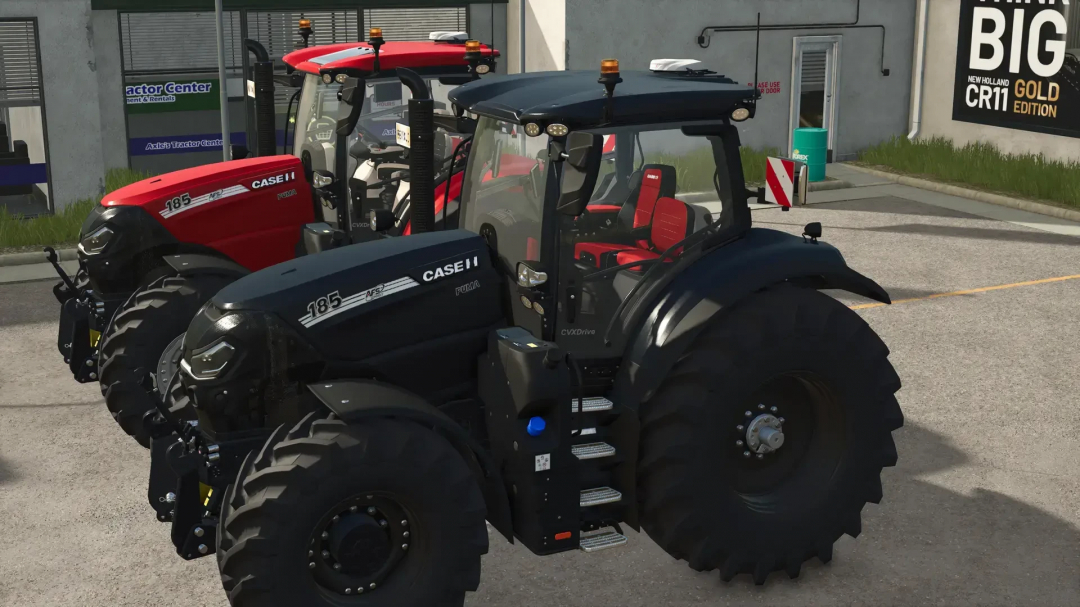 FS25 mods: Case Puma v1.1.0.0 tractors in Farming Simulator 25. Two tractors parked outside a building.