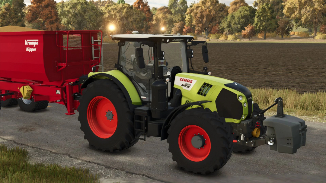 FS25 mod Claas Arion 600 with Claas FL 140, towing a red Krampe Kipper trailer on a rural road.