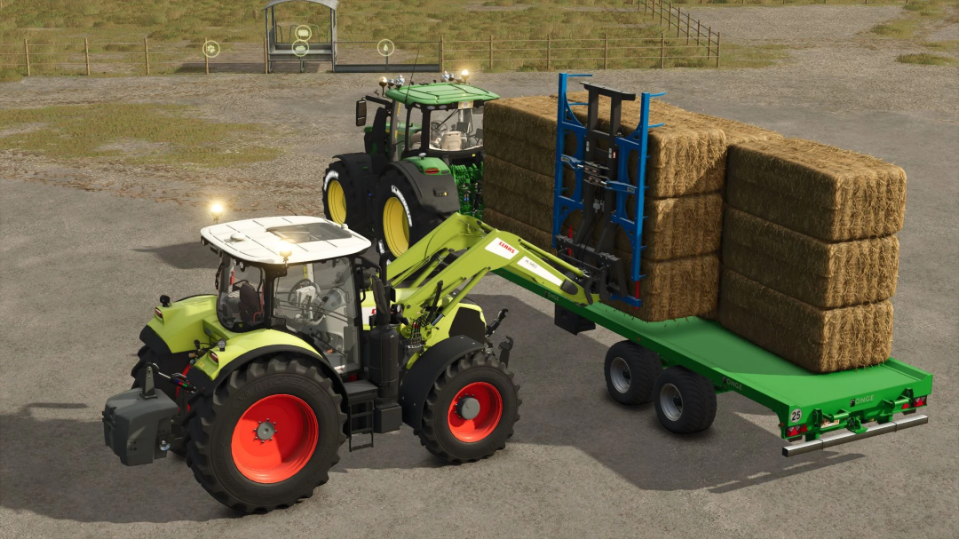 Claas Arion 600 with Claas FL 140 in FS25 mod, loading hay bales onto a green trailer.