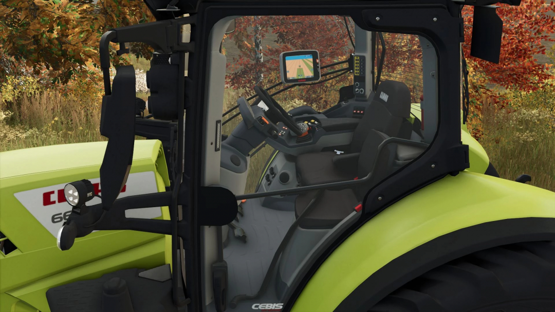 Interior of Claas Arion 600 with Claas FL 140 mod in FS25, showcasing detailed cabin controls.