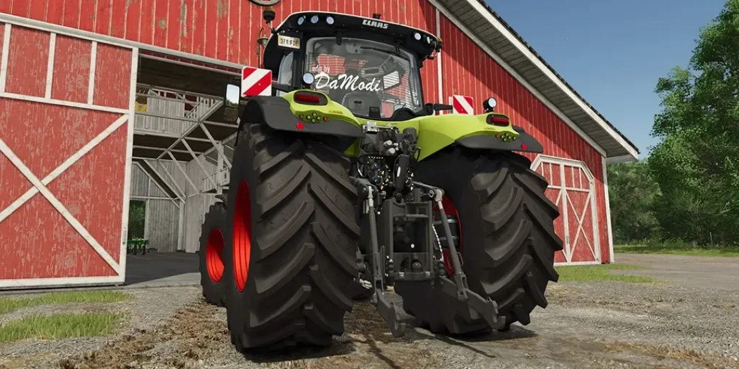 FS25 Claas Axion 800 Serie tractor mod in front of a barn, showcasing rear view features in Farming Simulator 25.