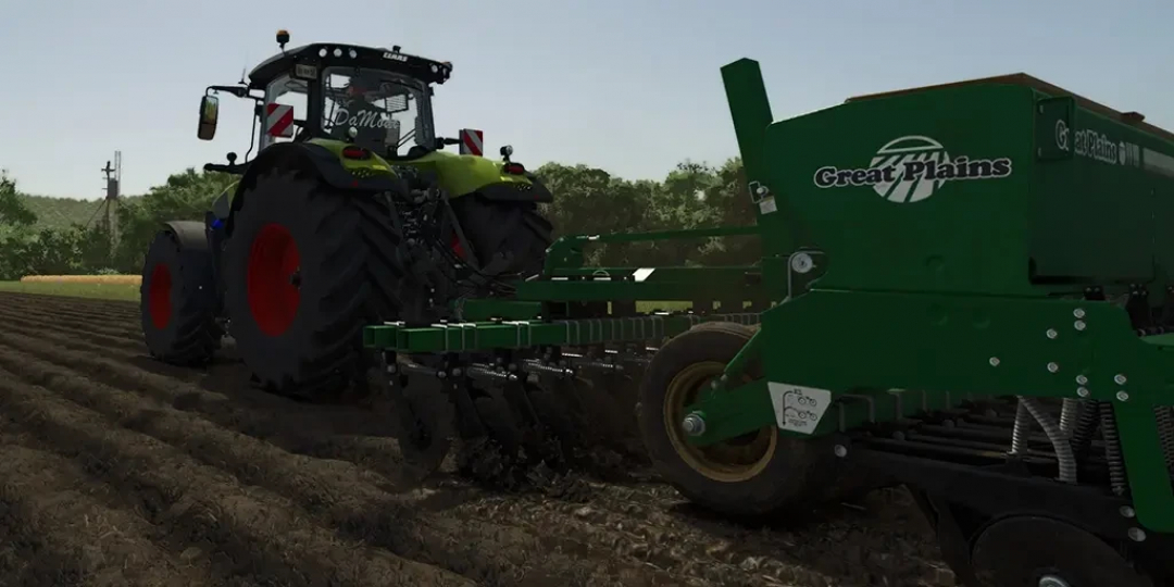 Claas Axion 800 tractor with Great Plains seeder in FS25 mod, Farming Simulator 25.