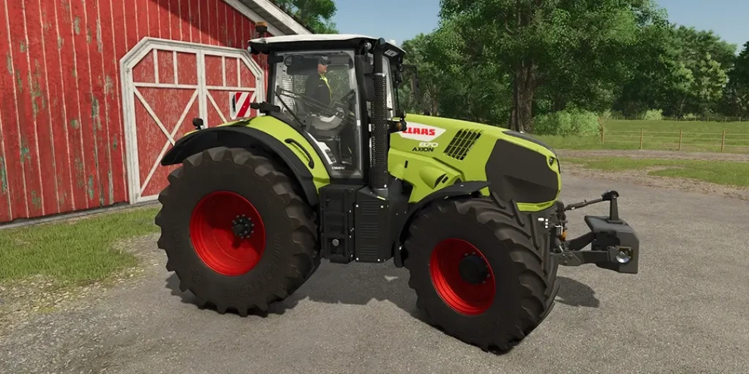 FS25 mod: Claas Axion 800 Series tractor near a red barn in Farming Simulator 25.