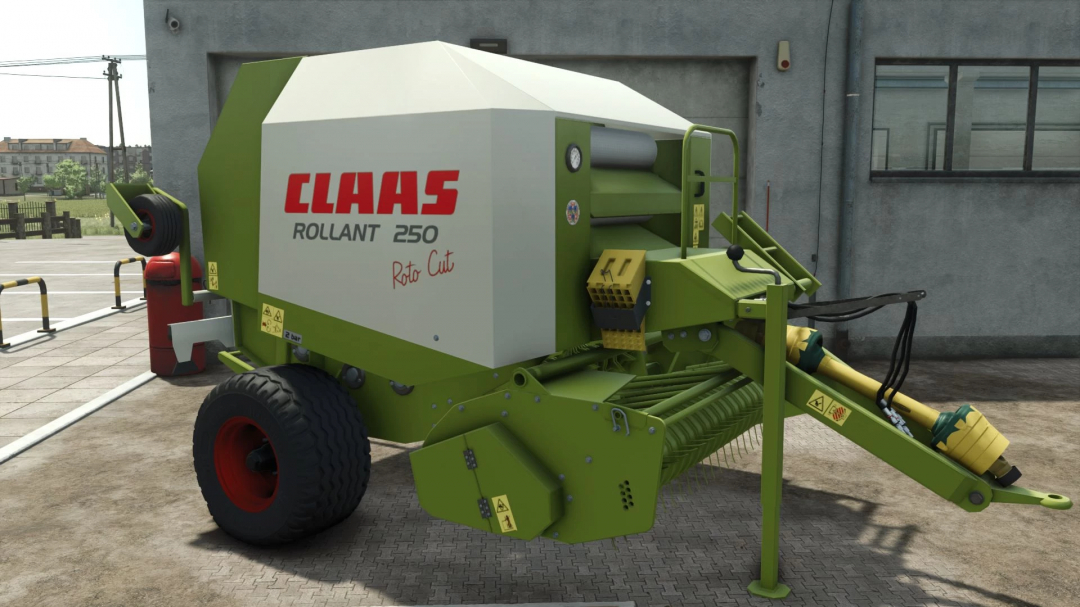 FS25 mod Claas Rollant 250 Roto Cut in a farmyard setting, displaying detailed baler machinery.