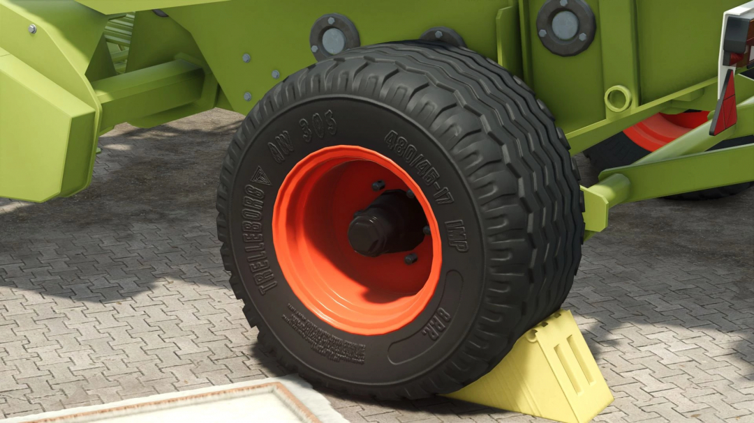 Close-up of a Claas Rollant 250 Roto Cut wheel in Farming Simulator 25 mod.