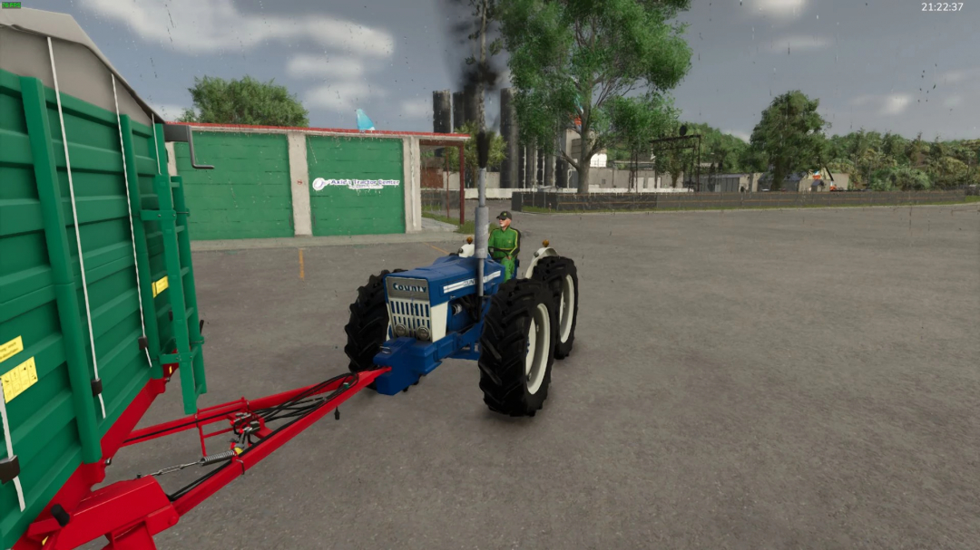 FS25 mod County 1124 v1.0.0.2 features a blue tractor pulling a green trailer on a farm.