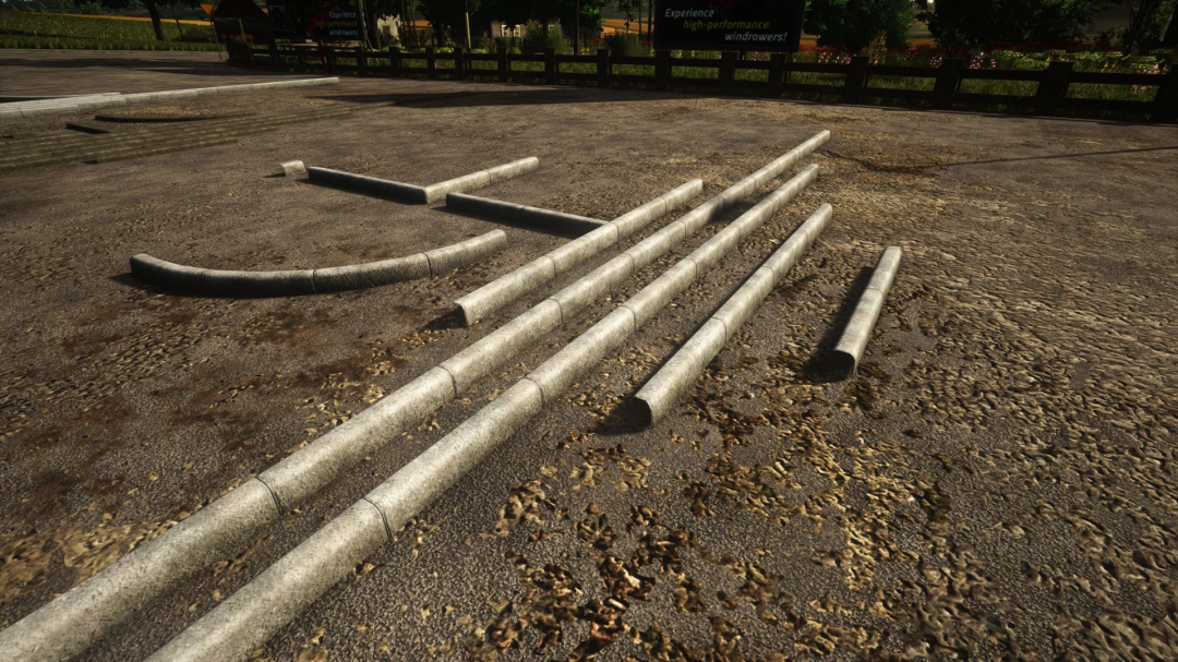 FS25 mods - Curbs Beta 2 v1.0.0.0 features various curb sections on a gravel surface in Farming Simulator 25.