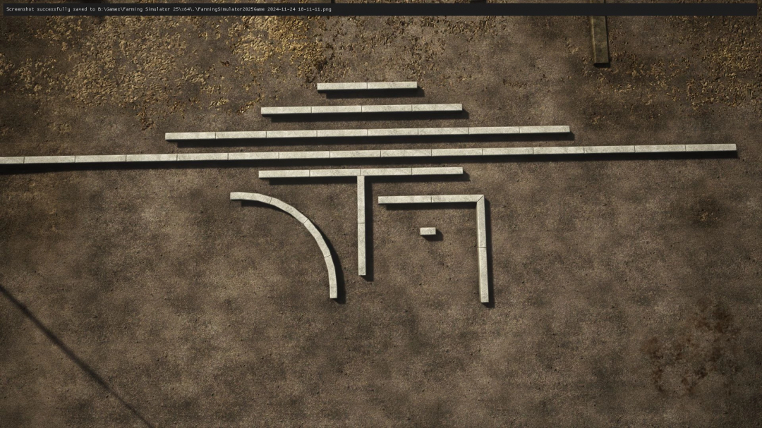 FS25 Curbs Beta 2 v1.0.0.0 mod showing various curb pieces on a dirt surface.