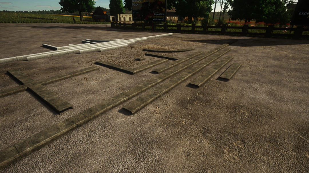 Curbs Beta 2 v1.0.0.0 mod for Farming Simulator 25 showcasing concrete curbs on gravel surface.