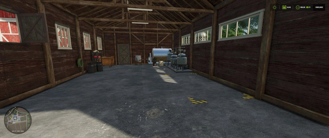 Interior of a dairy processing facility in FS25 mod Dairy v1.0.2.0, featuring tanks and equipment inside a wooden barn.