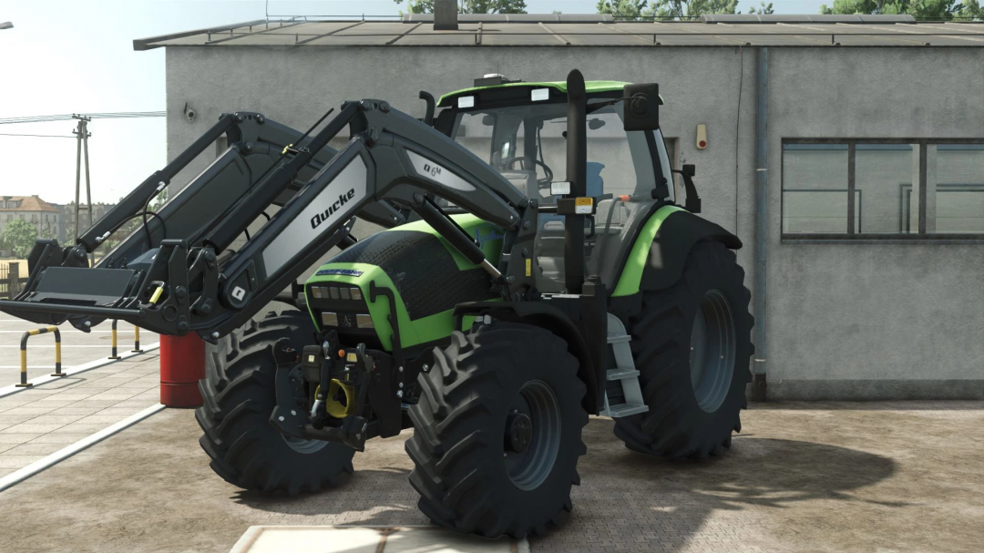 Deutz-Fahr Agrotron 128/150.6 tractor mod for Farming Simulator 25 with front loader attachment.