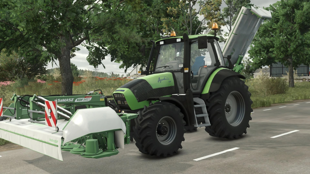 Deutz-Fahr Agrotron 128/150.6 tractor mod in FS25 with SaMASZ KDF 341S attachment.