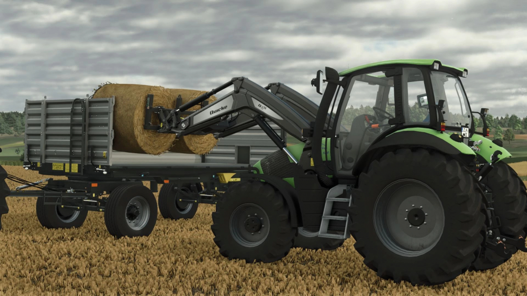 Deutz-Fahr Agrotron 128/150.6 tractor in FS25 mod loading hay bales on a field.