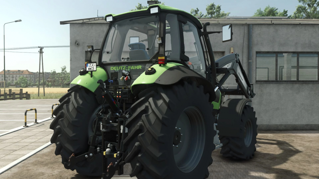 Deutz-Fahr Agrotron 128/150.6 tractor mod in FS25, detailed rear view in parking lot.