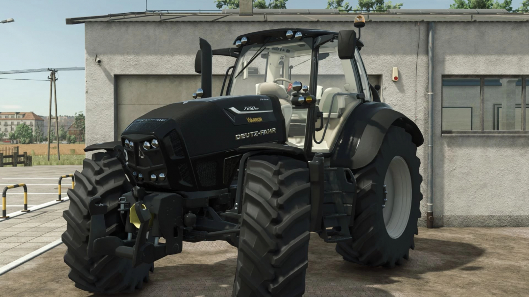 Deutz Fahr Series 7 tractor mod in FS25. The image shows a black, modern tractor with large tires ready for farming simulation.