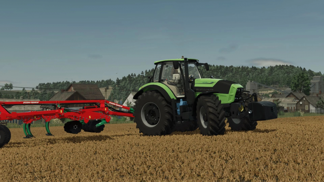 Deutz Fahr Series 7 tractor mod in FS25, towing red agricultural equipment on a farm field.