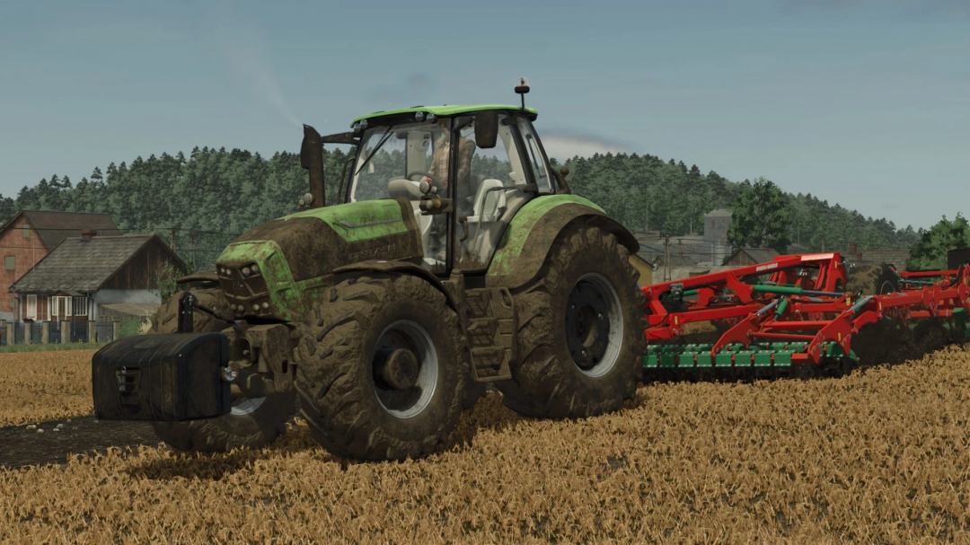 Deutz Fahr Series 7 tractor mod plowing a field in FS25 game.