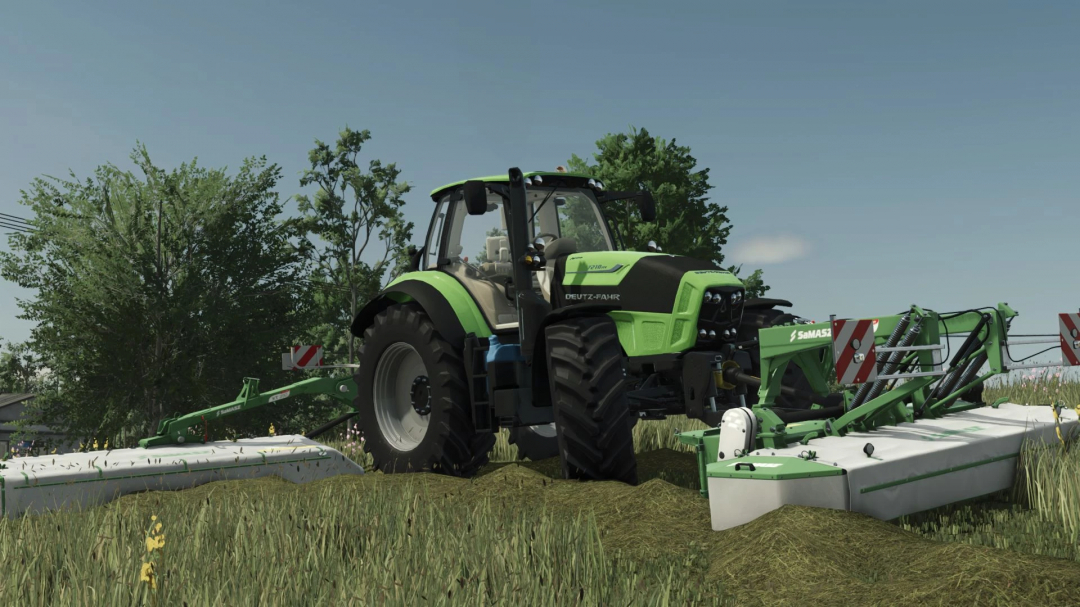 Deutz Fahr Series 7 tractor mod in FS25 game, showcasing its robust build and attachments in a grassy field.