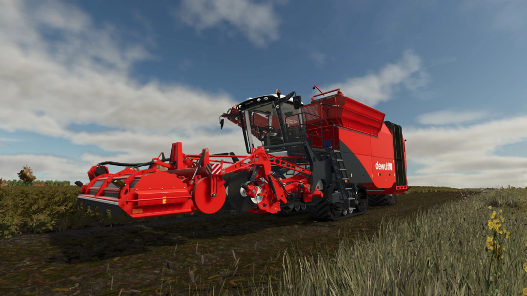 Dewulf Kwatro v1.0.0.0 mod in FS25, showcasing a red harvester in a field.