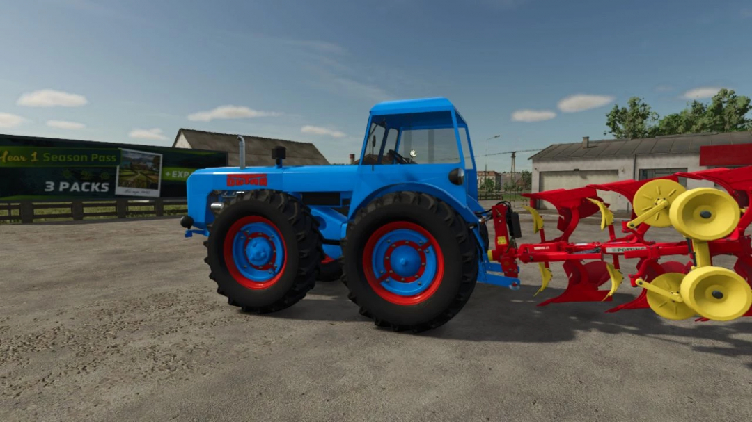 Dutra D4k B90 mod for Farming Simulator 25, showcasing a blue tractor with a red plow on a farm. FS25 mods.