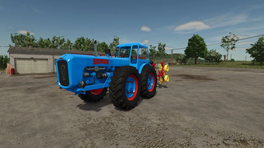 FS25 mod Dutra D4k B90 v1.1.0.0, featuring a blue tractor on a farm setting.