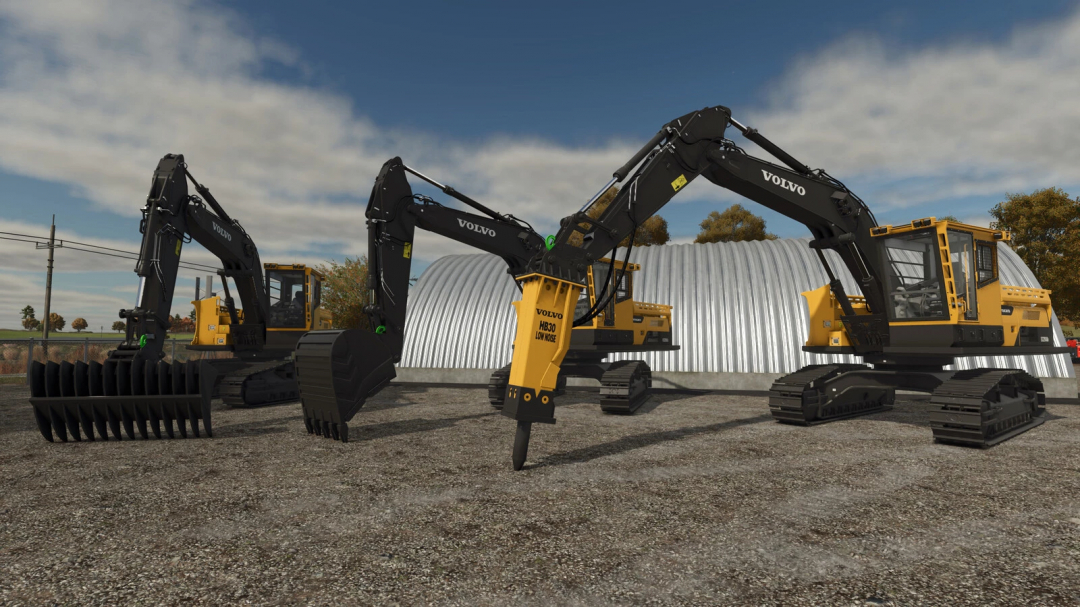 Three Volvo excavators from the Excavator Tool Pack mod in Farming Simulator 25 with different attachments.