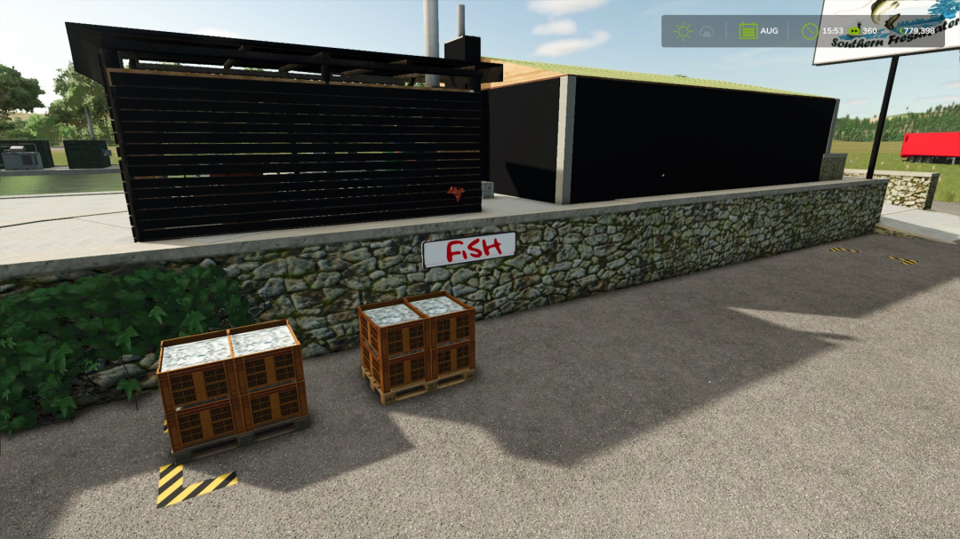 FS25 Fish Production area with crates and a fish sign, showcasing Farming Simulator 25 mod features.