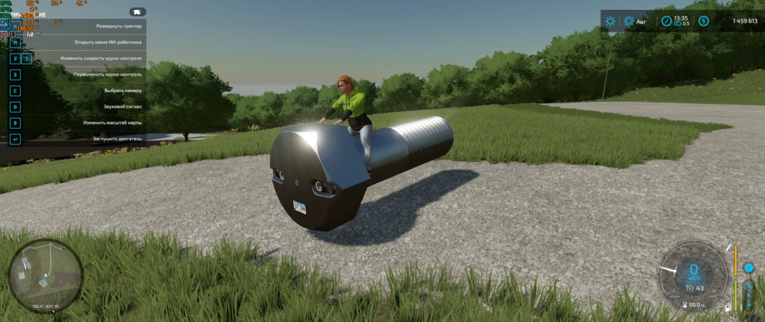 FS22 mod scene showing a player riding a large bolt vehicle on a grassy path in Farming Simulator 22.