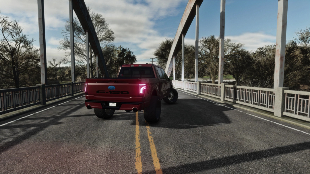 FS25 mod showcases the 2024 Ford F-150 v1.0.0.0 on a bridge. Farming Simulator 25 modification.